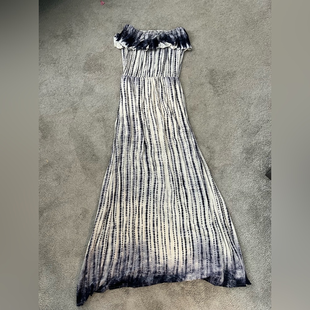 Vintage Havana White and Blue Ruffled Tiered Maxi Dress